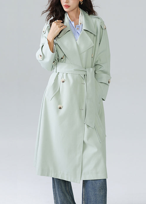 French Light Green Double Breast Tie Waist Cotton Trench Spring