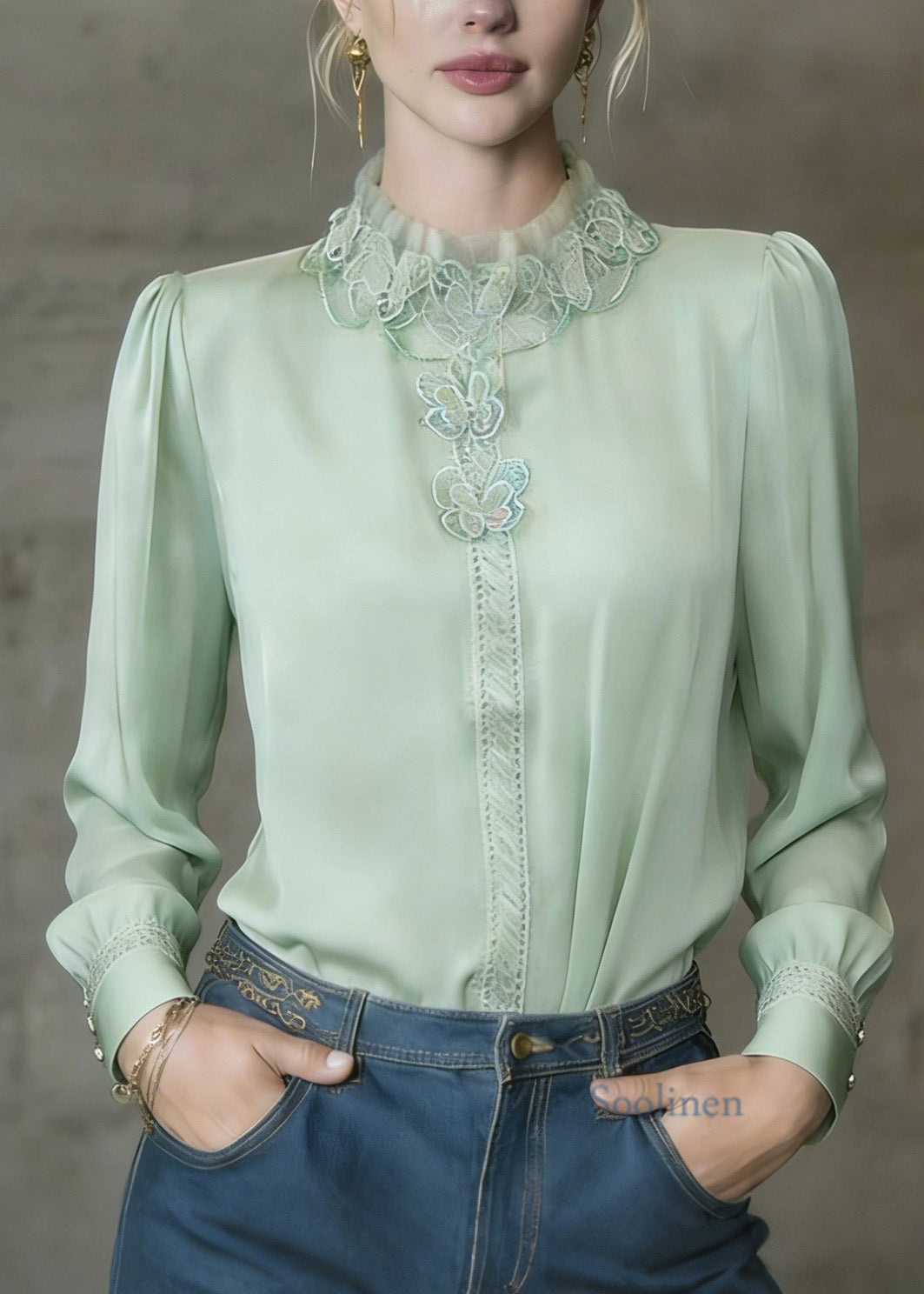 French Light Green Ruffled Butterfly Silk Shirt Top Spring