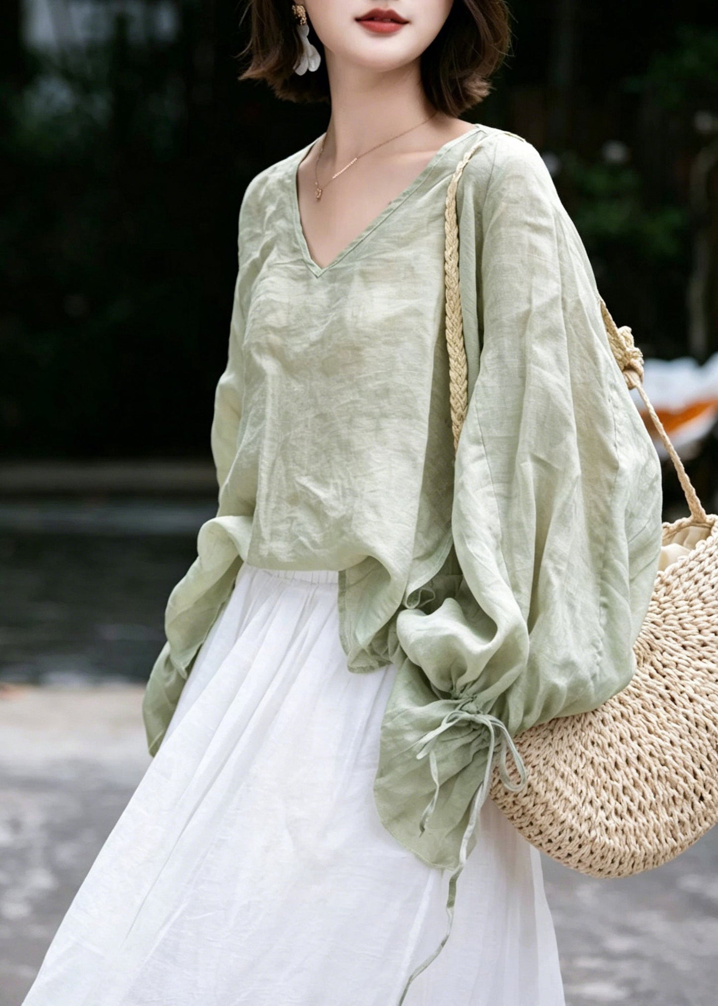 French Light Green V Neck Cinched Linen Shirt Flare Sleeve