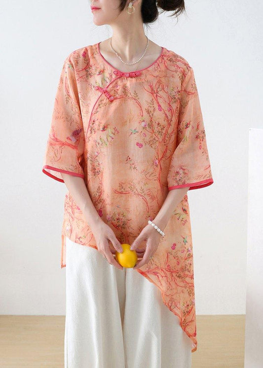 French Light Purple Print Oriental asymmetrical design Top Ramie Short Sleeve - SooLinen