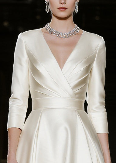 French Milk White V Neck Exra Large Hem Silk Work Dress Summer