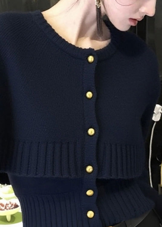 Französischer marineblauer zweiteiliger Strickcardigan mit Knopfleiste für den Winter