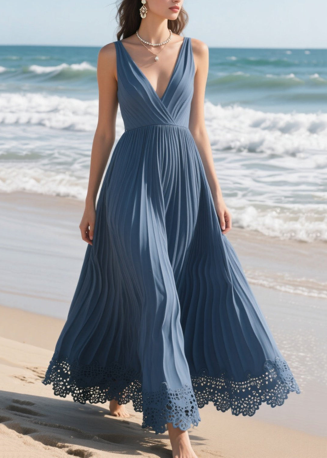 French Navy Lace Patchwork Wrinkled Vacation Dress Summer