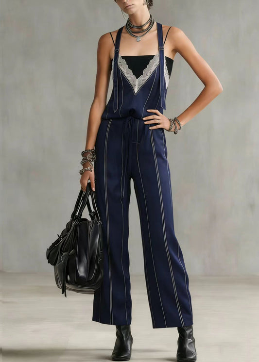 French Navy Striped Lace Patchwork Spandex Jumpsuits Summer