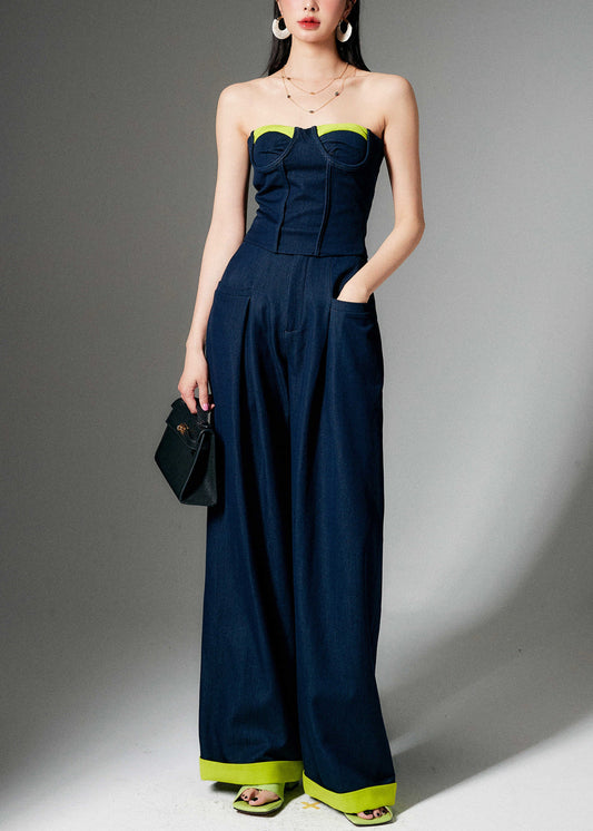 French Navy Zippered Tank And Wide Leg Pants Two Pieces Set Sleeveless