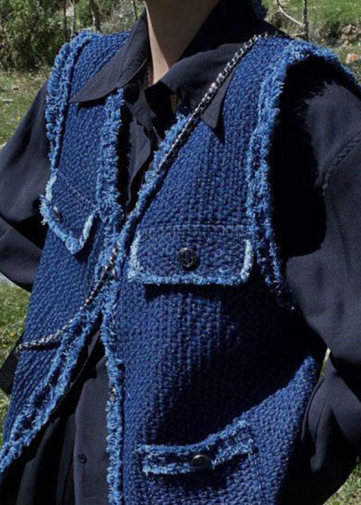 Französische Marine Retro-Weste aus Denim mit V-Ausschnitt und Taschen