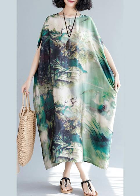 French O Neck Baggy Summer Wardrobes Lnspiration Green Print Robes Dresses - SooLinen