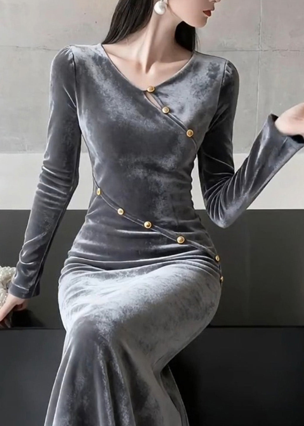 Vestido de terciopelo ajustado con cuello redondo y patchwork francés para primavera