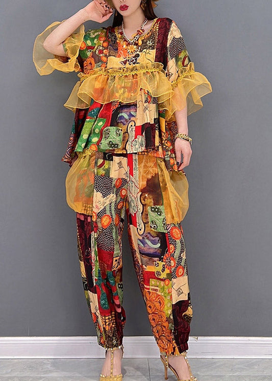 Französischer O-Ausschnitt, gerüschter Tüll, Patchwork, Chiffon-Oberteile und -Hosen, zweiteiliges Set für den Sommer
