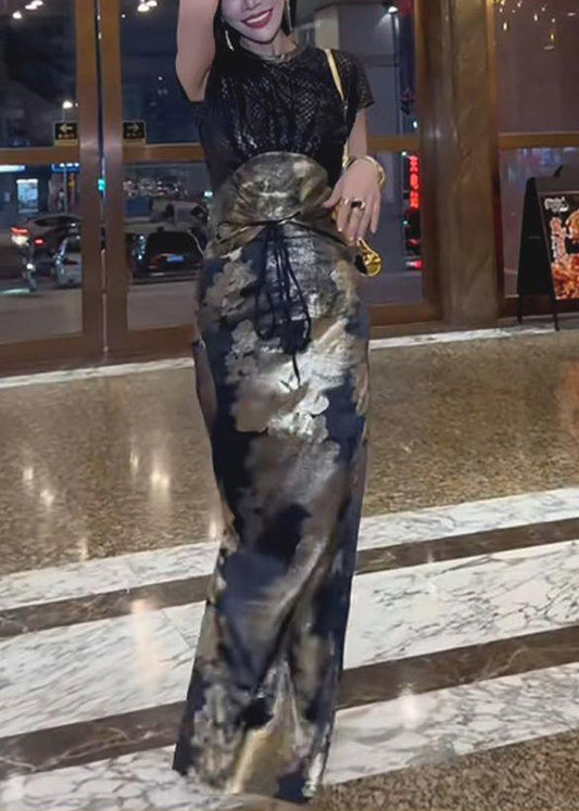 Französische O-Ausschnitt-Tops und Print-Röcke aus Baumwolle, zweiteilig, Sommer