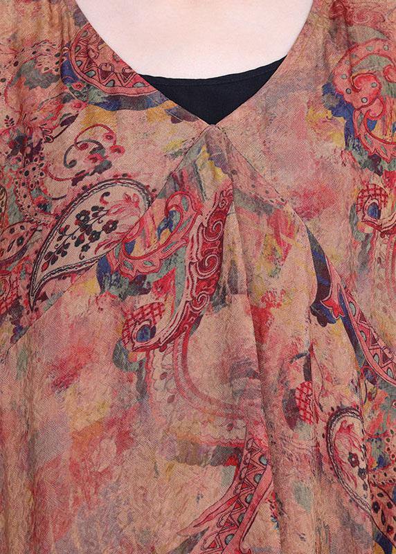 French Orange Asymmetrical V Neck Print Summer Silk Summer Dress Half Sleeve - SooLinen