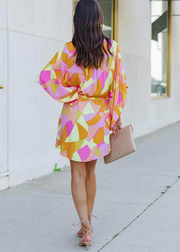 French Orange Cinched Print Chiffon Mini Dresses Batwing Sleeve