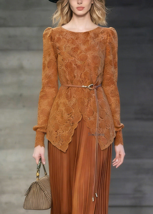 French Orange O Neck False Two Pieces Patchwork Lace Dresses Spring