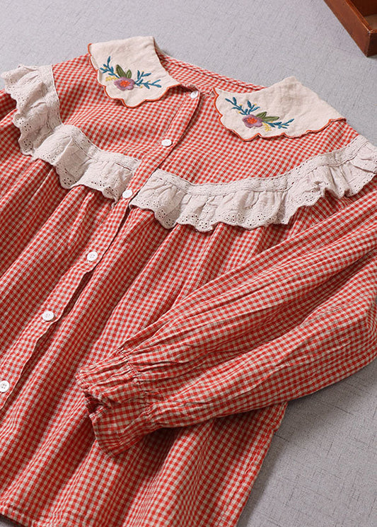 Französisch Orange Rot Bestickt Patchwork Hemd Tops Frühling