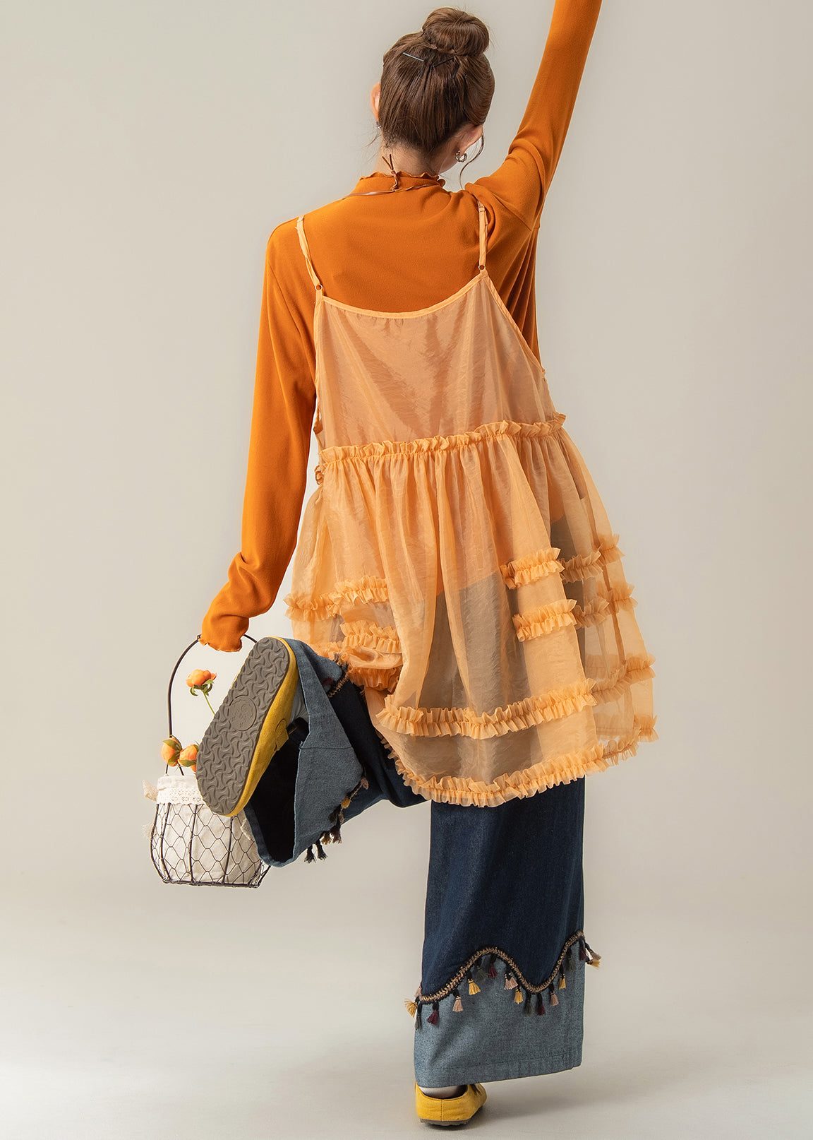 Französisches orangefarbenes Rüschenkleid mit Spaghettiträgern, Baumwoll-T-Shirt und Jeans-Set, 3-teiliges Set für den Frühling