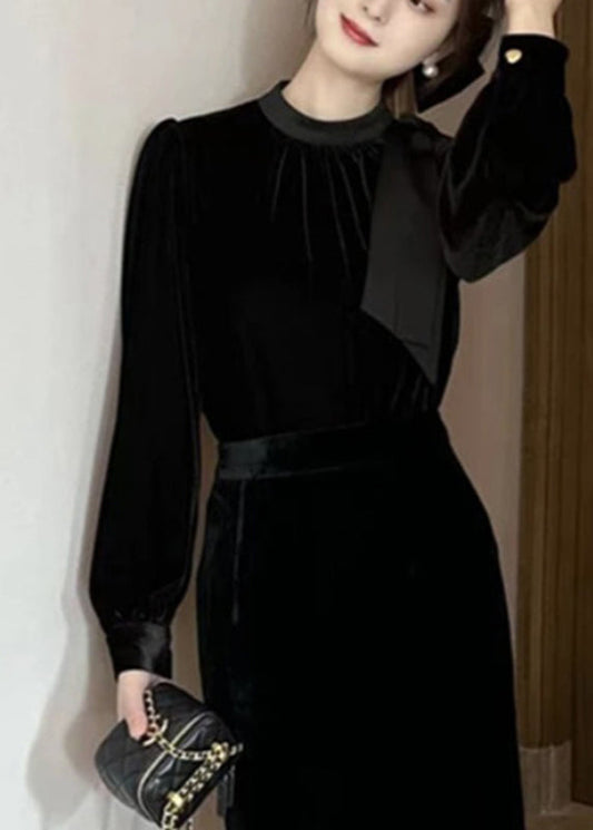 French Pink Bow Wrinkled Silk Velour Shirts Puff Sleeve