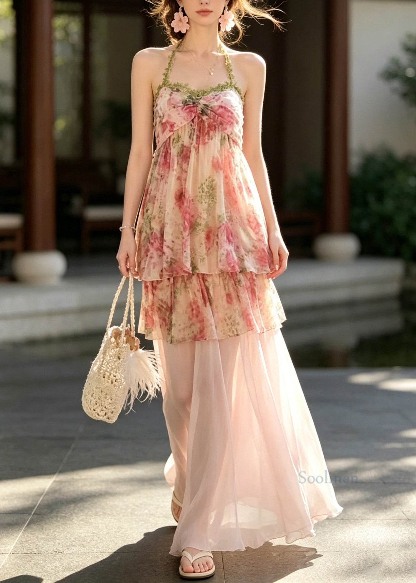 French Pink Halter Print Top And Skirts Chiffon Two Pieces Set Summer