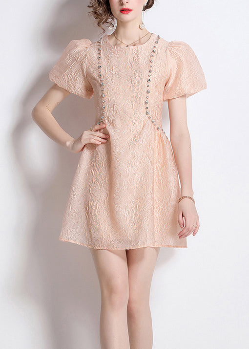 French Pink O Neck Jacquard Nail Bead Cotton Dresses Summer
