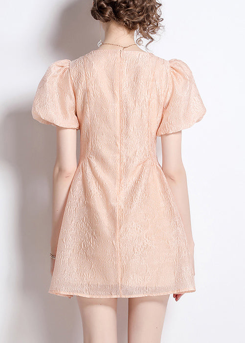 French Pink O Neck Jacquard Nail Bead Cotton Dresses Summer