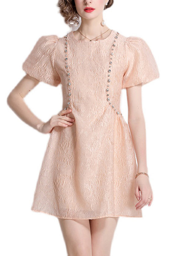 French Pink O Neck Jacquard Nail Bead Cotton Dresses Summer