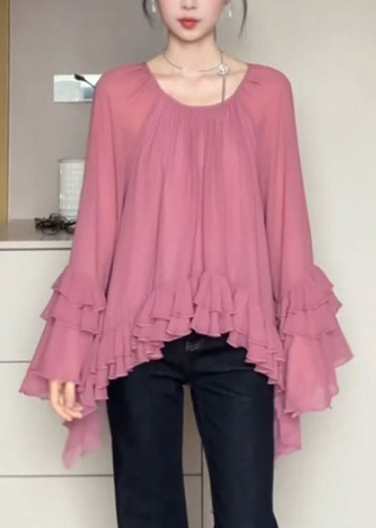 French Pink O-Neck Ruffled Patchwork Chiffon Shirts Flare Sleeve