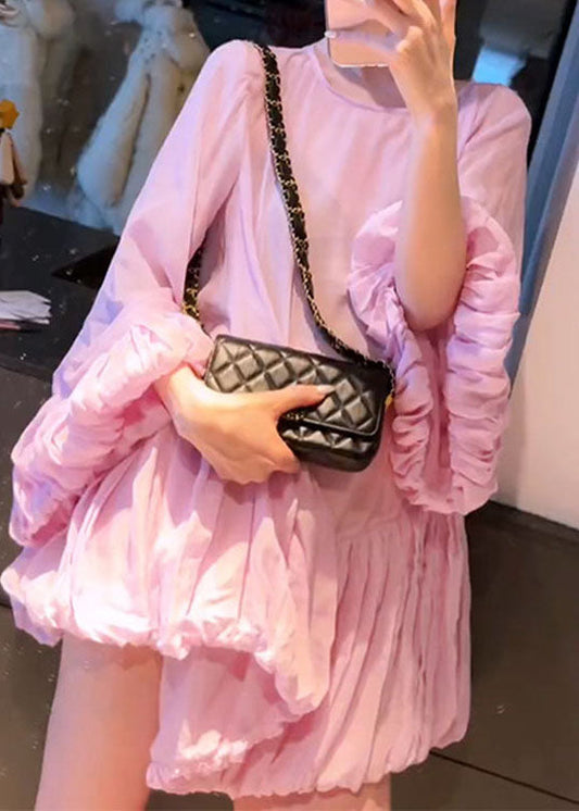 French Pink O Neck Wrinkled Patchwork Cotton Mid Dress Lantern Sleeve