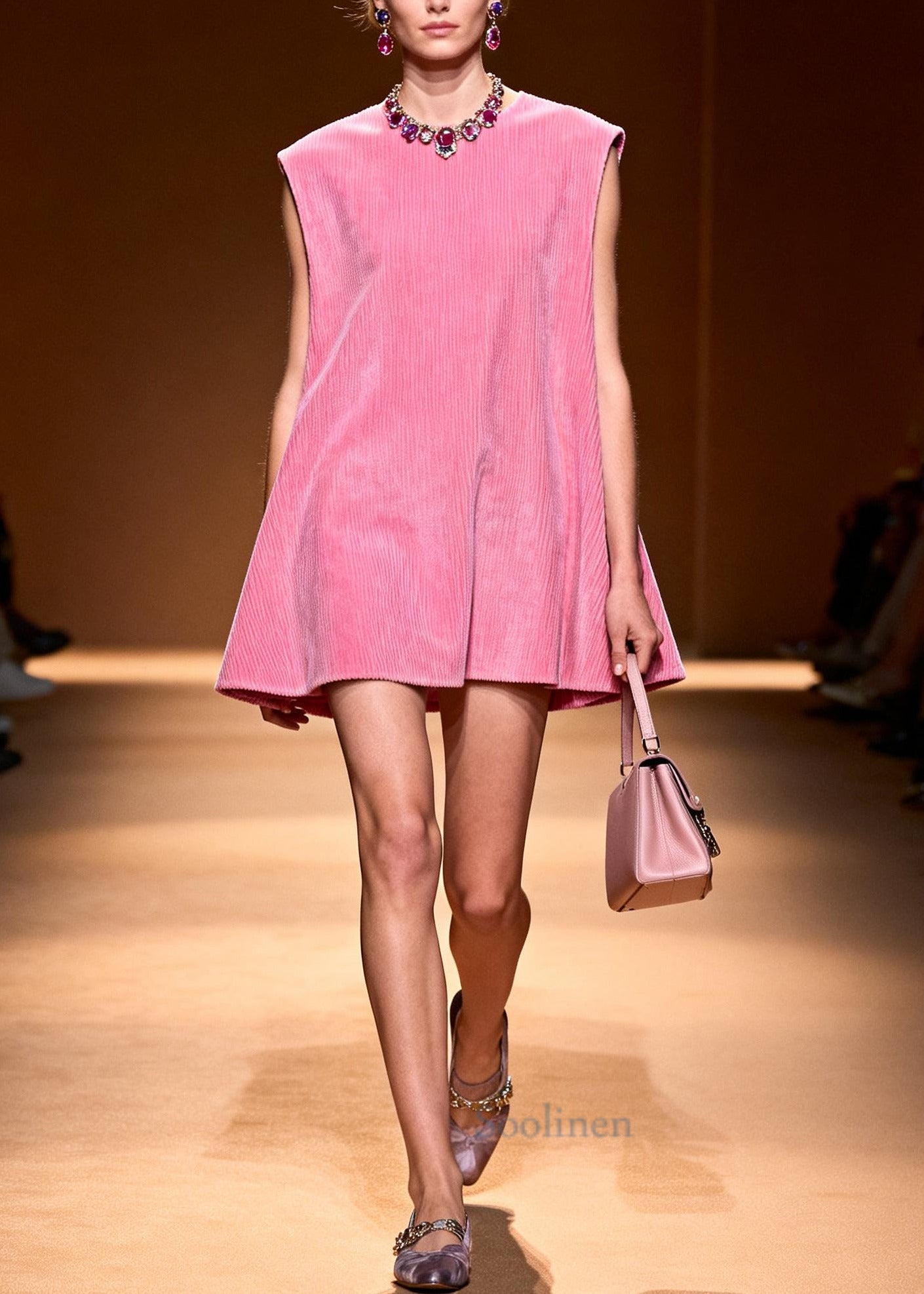 French Pink Oversized Corduroy Mid Dress Sleeveless