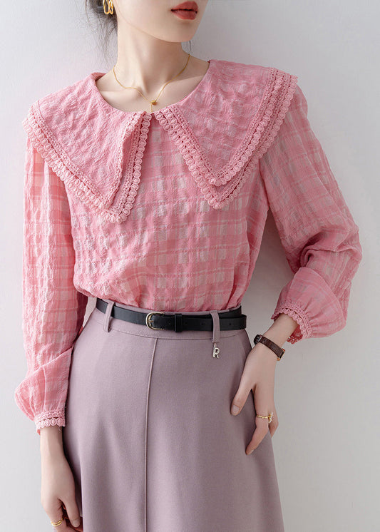 French Pink Peter Pan Collar Plaid Cotton Shirts Tops Spring