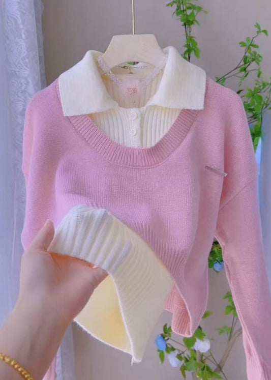 French Pink Peter Pan Collar Vest Knit Two Pieces Set Spring