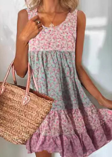 French Pink Print Patchwork Cotton Vacation Dress Sleeveless