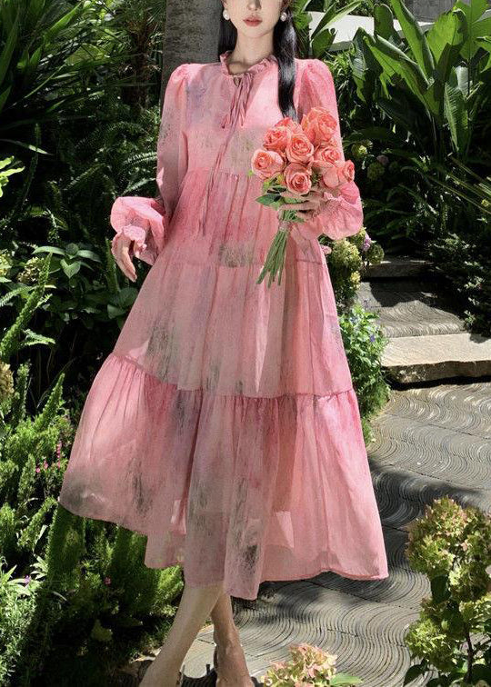 Französisches rosa Rüschen-Patchwork-Chiffonkleid mit Schnürung und langen Ärmeln