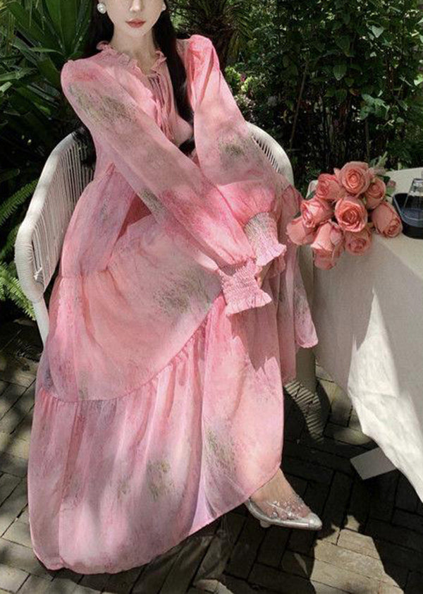 Französisches rosa Rüschen-Patchwork-Chiffonkleid mit Schnürung und langen Ärmeln