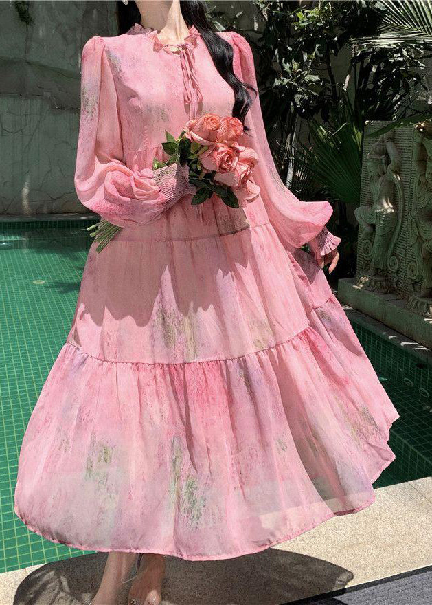 Französisches rosa Rüschen-Patchwork-Chiffonkleid mit Schnürung und langen Ärmeln