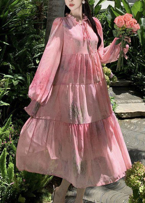 Französisches rosa Rüschen-Patchwork-Chiffonkleid mit Schnürung und langen Ärmeln