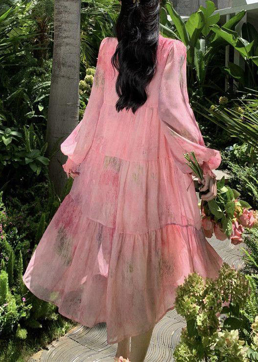 Französisches rosa Rüschen-Patchwork-Chiffonkleid mit Schnürung und langen Ärmeln