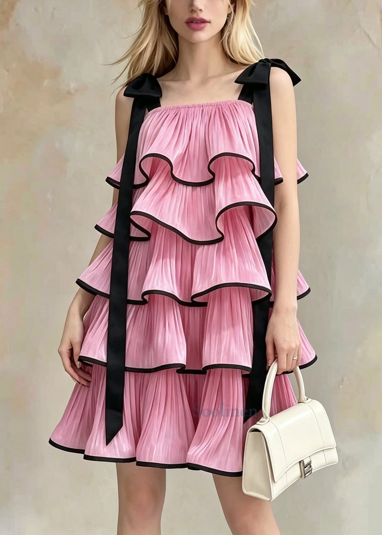 French Pink Ruffled Layered Chiffon Mini Dresses Summer