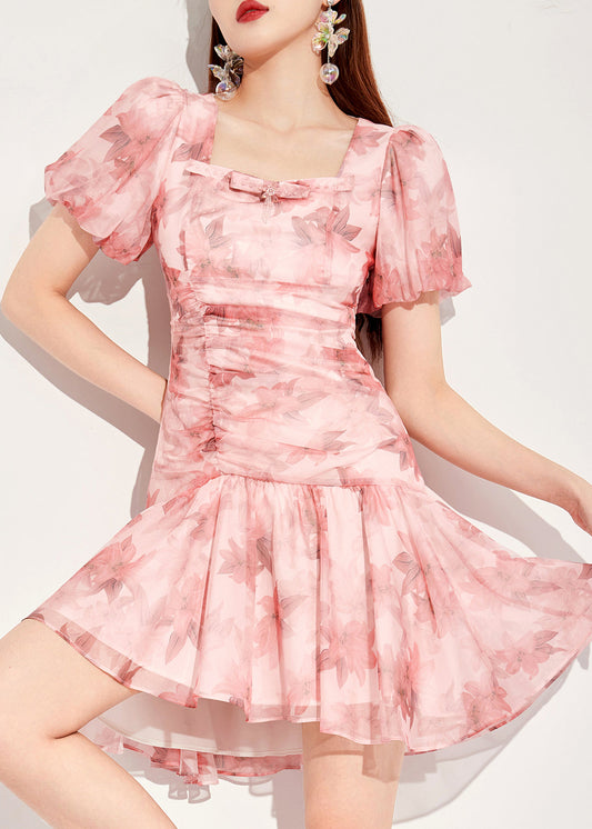 French Pink Square Collar Puff Sleeve Asymmetrical Print Chiffon Dress