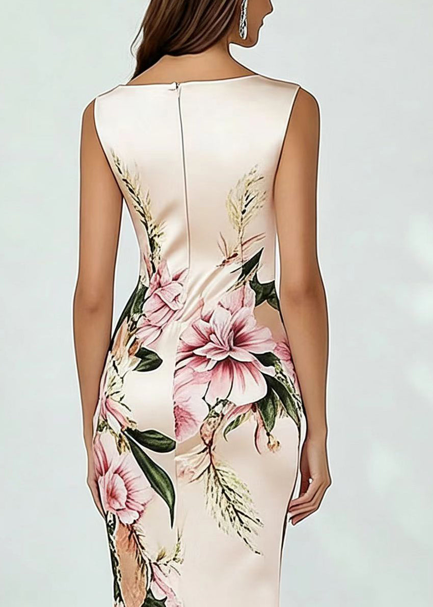 French Pink V Neck Print Silk Party Dress Sleeveless