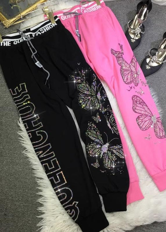 French Pink Zircon Butterfly Cotton Pants Fall