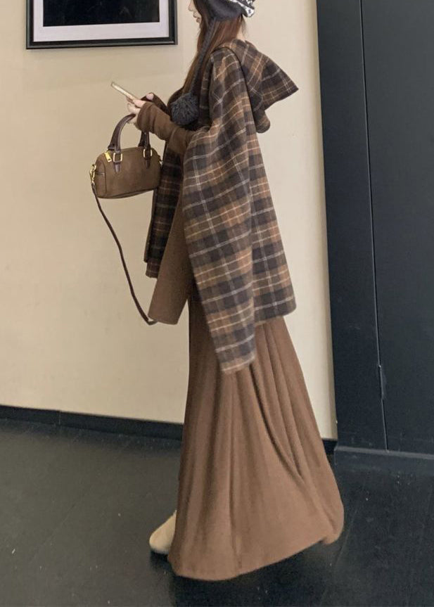 Zweiteiliges Set aus Baumwolle mit Kapuze und französischem Karomuster, beidseitig tragbar, für den Frühling