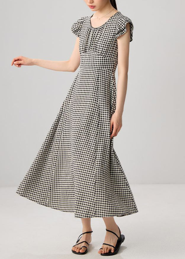 Französisch Plaid O Neck Hohe Taille Baumwolle Kleider Sommer