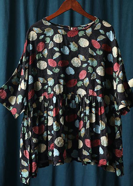 French Plant printing top silhouette Work Outfits o neck Cinched summer blouse - SooLinen