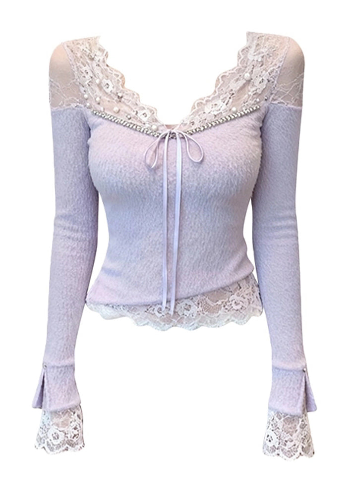 French Purple Lace Nail Bead Patchwork Knit Top Spring