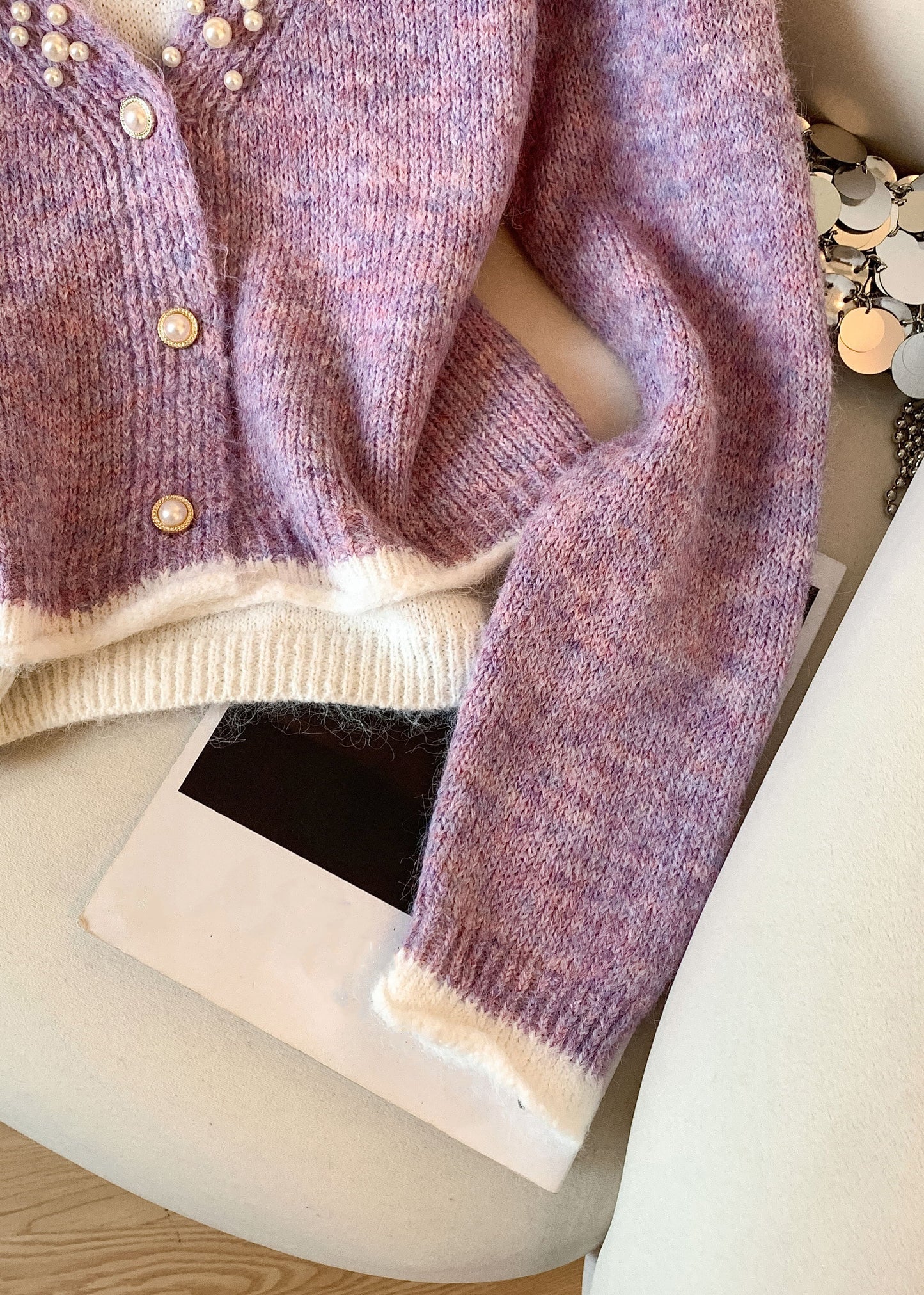 French Purple Pearl Button Patchwork Knit Sweater Spring