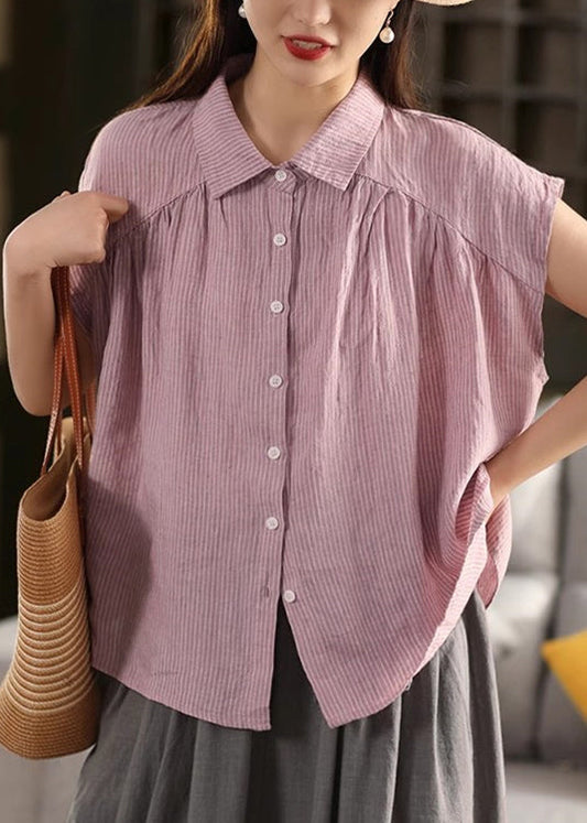 French Purple Peter Pan Striped Collar Linen Blouses Summer