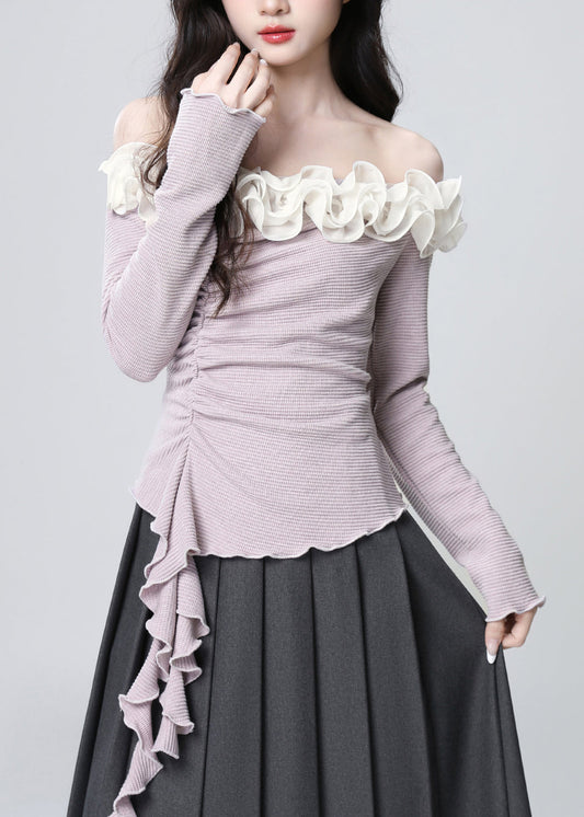 French Purple Slash Neck Ruffled Patchwork Cotton Top Spring