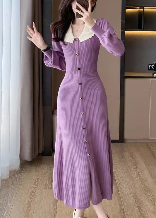French Purple Slim Fit Knitted Dress Winter