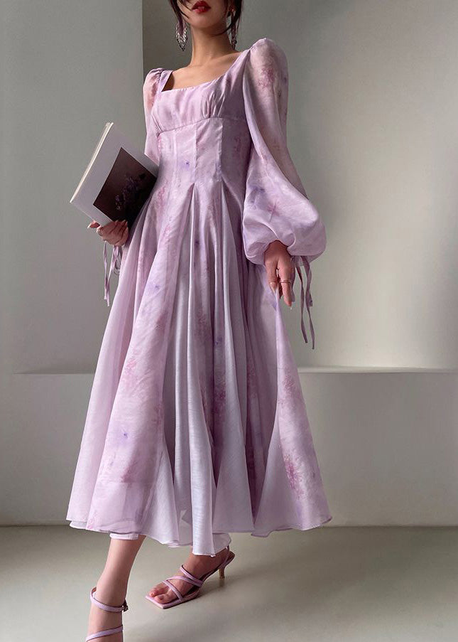 Französisch Lila Quadrat Kragen Patchwork Chiffon Kleid Laterne Ärmel