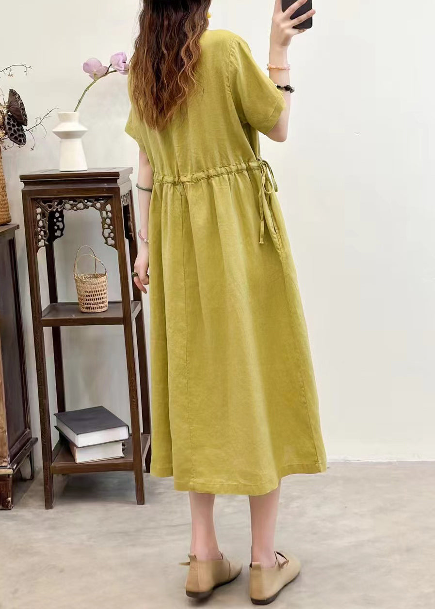 French Purple Tie Waist Button Linen Long Dresses Summer
