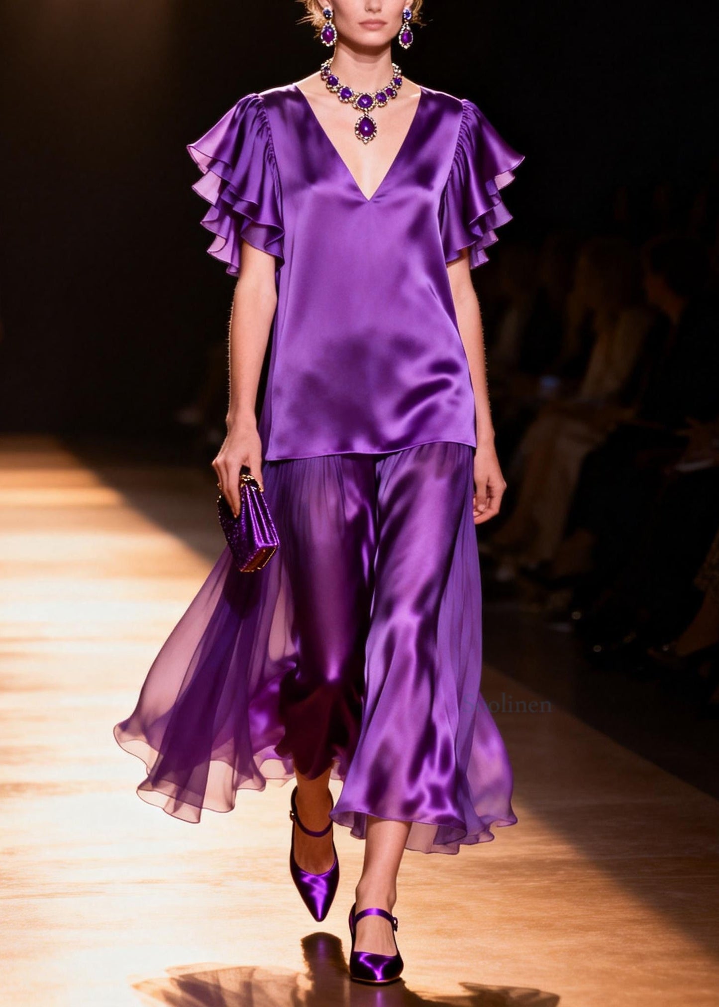 French Purple V Neck Patchwork Silk Dress Butterfly Sleeve